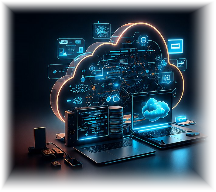 Glowing cloud connected to laptops running command-line training